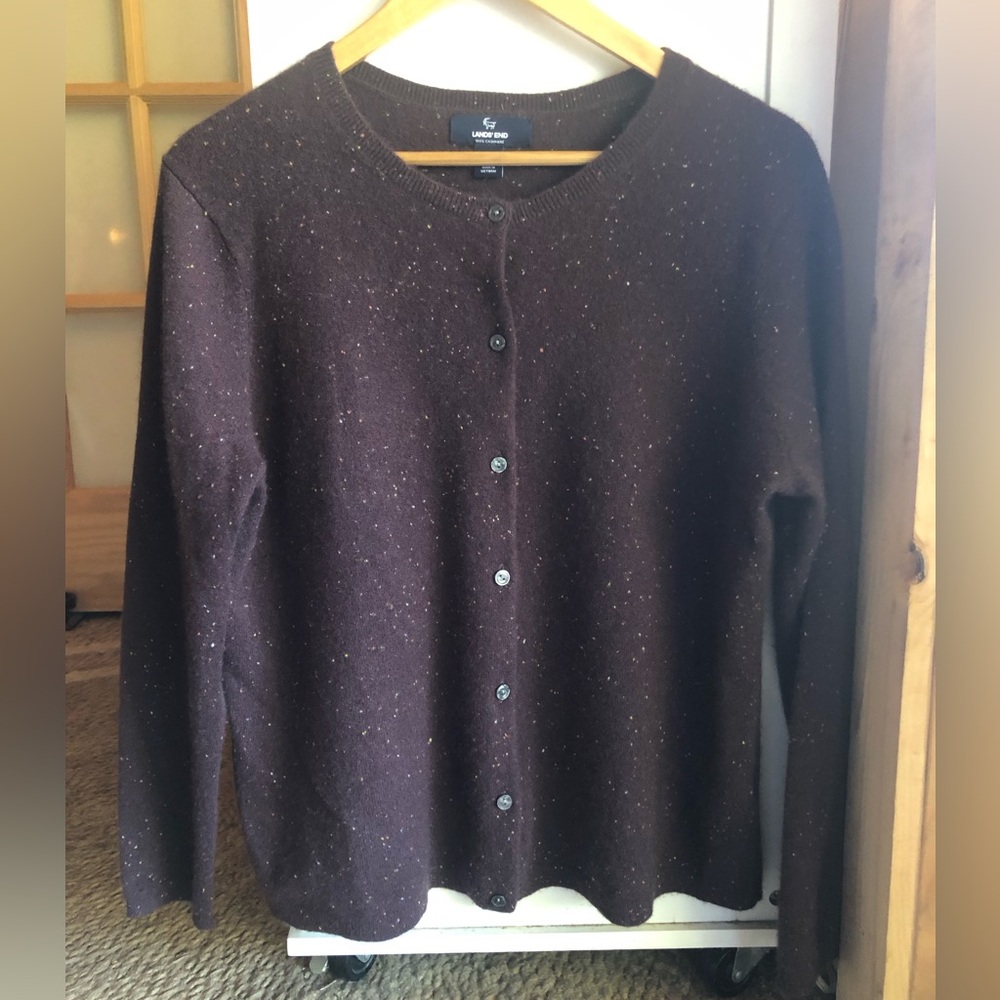 Lands' End Cashmere Speckled Button-Front Crewneck Cardigan